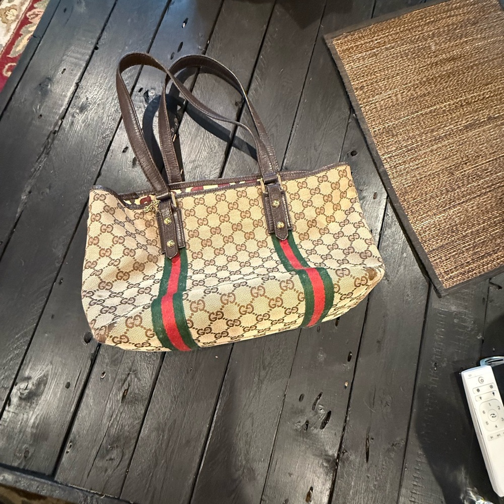 Authentic Gucci Beige and Brown Tote Bag with Red and Green Stripes